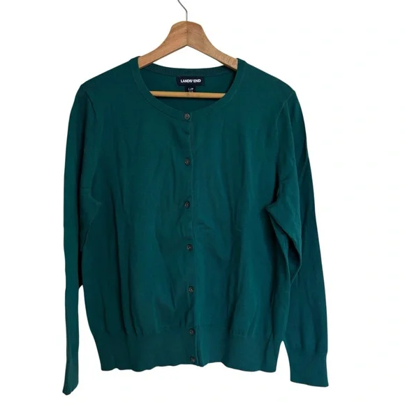 Lands’End dark green fine gauge cotton blend long sleeve button cardigan size LP - Picture 6 of 13